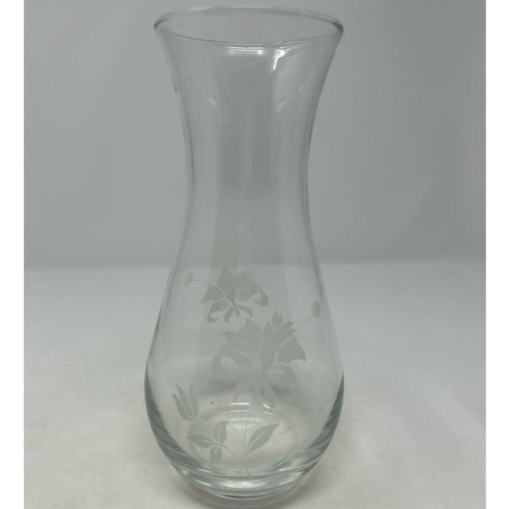 Clear Glass Etched Floral Vase 8" Tall x‎ 3" Opening x 5" Wide